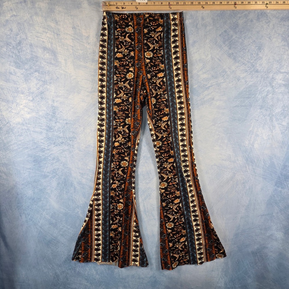 Vibe Sportswear XS Boho Floral Flare Bell Bottom Pants Rust Blue Stripe Festival